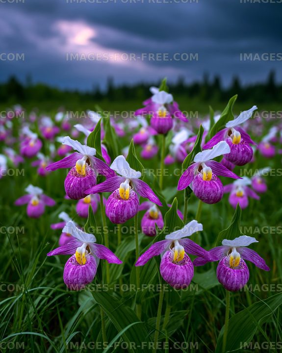 Orchids blooming in a field under a cloudy sky