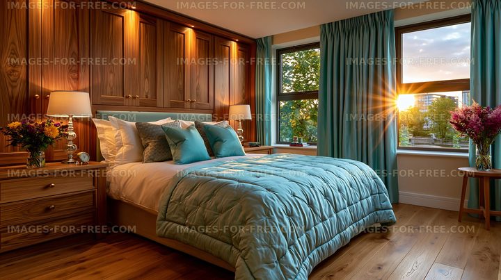Cozy bedroom with large windows and natural light