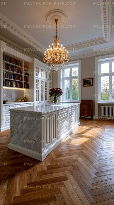 Bright kitchen with marble island and wooden floor