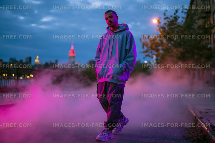 Man in gray hoodie stands on street with city skyline at dusk