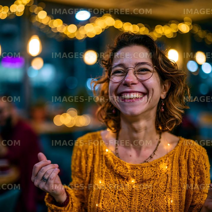 Smiling woman with curly hair in a cafe at night