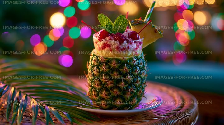 Colorful tropical drink served in a pineapple