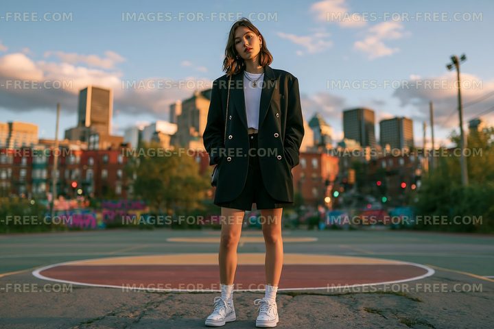 Young woman standing on a basketball court in an urban area