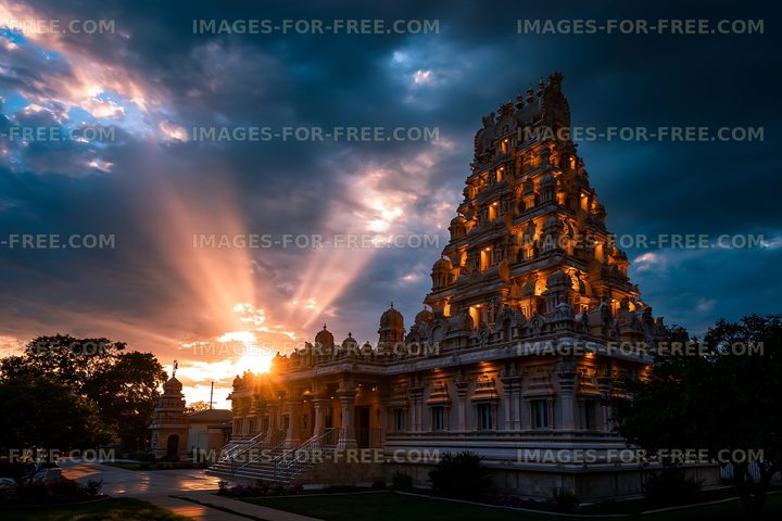 Sunset view of a temple with dramatic sky in the background