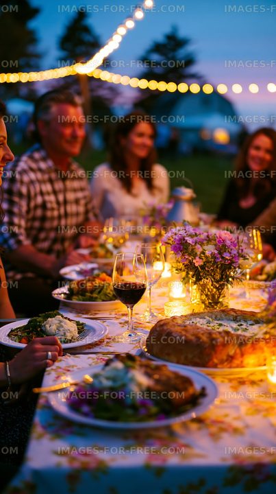 Dinner gathering with friends at sunset outdoors