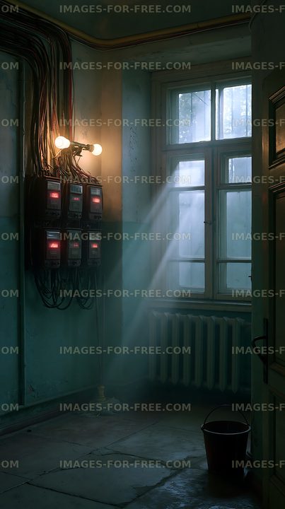 A room features electrical panels on the wall with wires