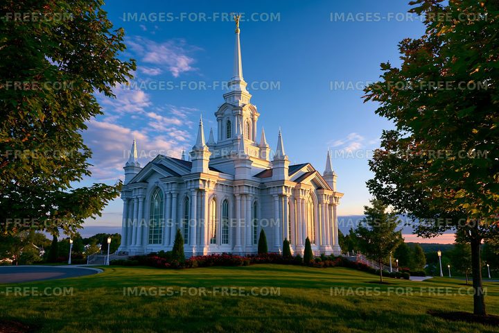 Beautiful church structure at sunset with clear blue sky