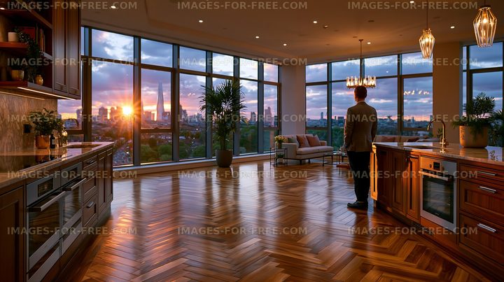 Man standing in modern kitchen with sunset view in city