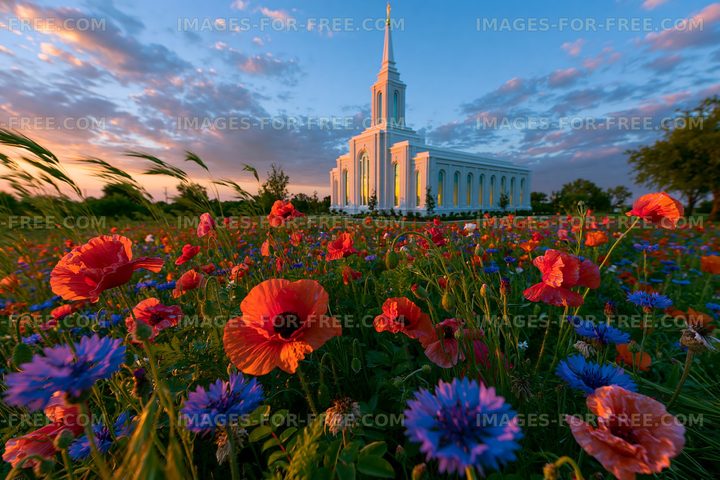 Colorful flowers in a field near a large building at sunset