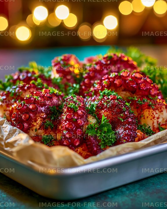 Octopus dish served on a tray with herbs and garnish