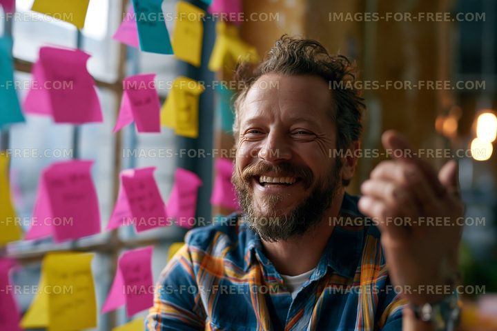 Man smiling in an office filled with colorful sticky notes