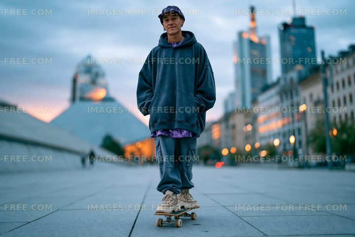 Skateboarder stands on skateboard in urban area at dusk