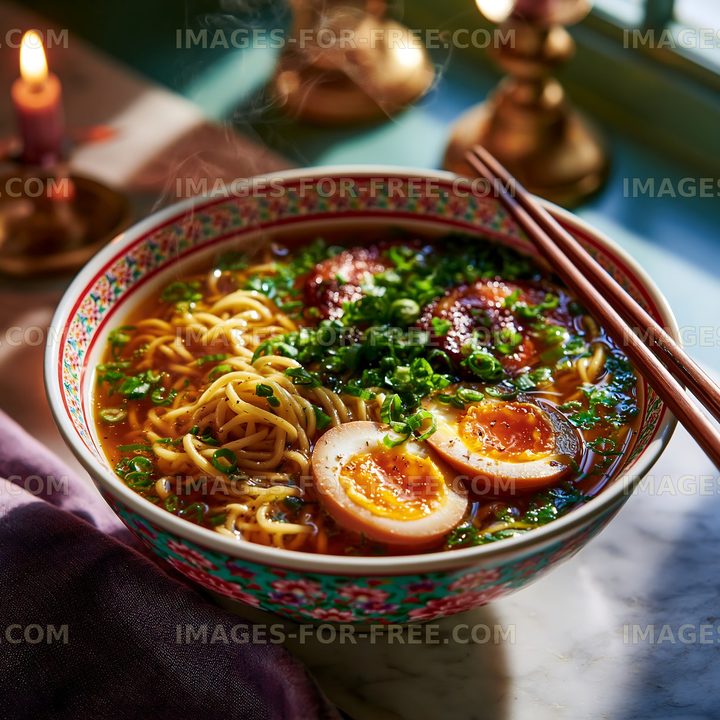 Delicious noodle soup with eggs and herbs in a colorful bowl