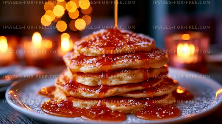 Pancakes stacked high with syrup and decorative candles