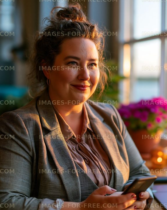 Woman sitting in a cafe looking at her phone during sunset