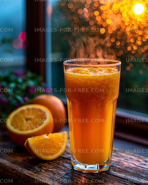 Fresh orange juice served in a glass with oranges and sunlight
