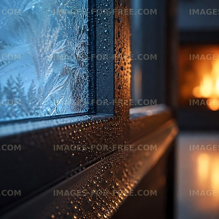 Cold window with frost and warm fire in the background