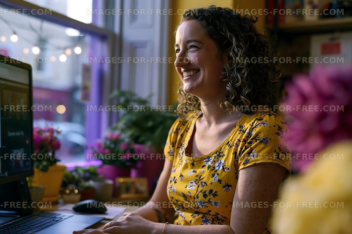 Woman sitting at a desk with a computer and smiling