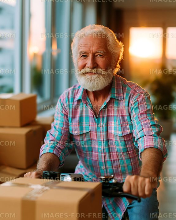 Senior man smiling while delivering packages in a modern workspace