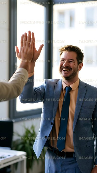 Business partners celebrate success with a high-five in an office