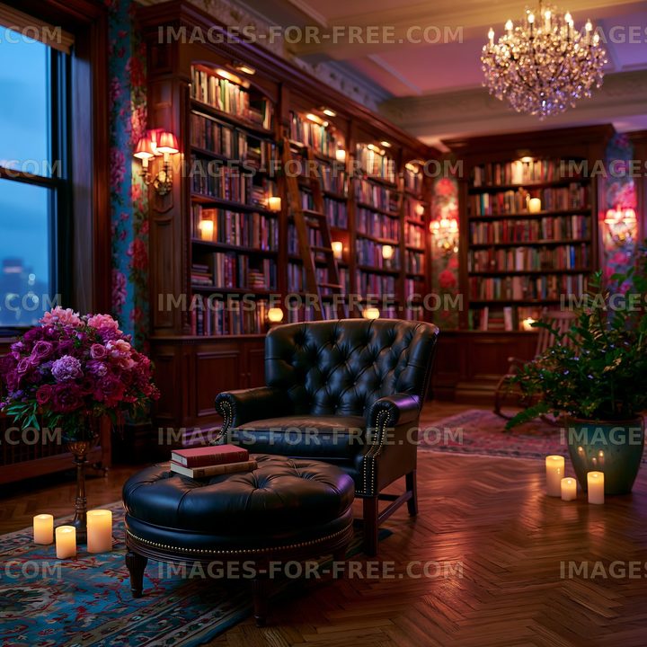 Cozy reading corner in a library at dusk with modern decor
