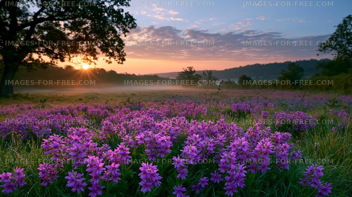 Wildflowers bloom in a field at sunrise with fog in the distance