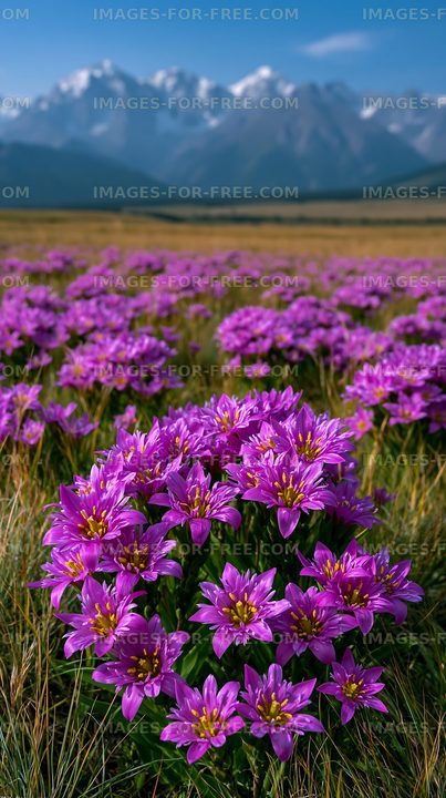 Purple flowers bloom in a field with mountains in the background