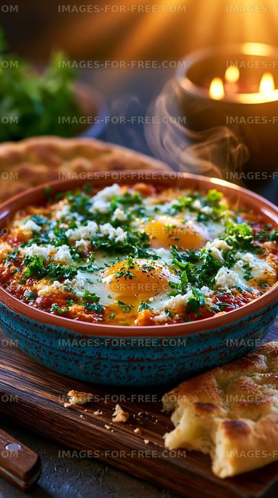 Traditional dish with eggs and herbs on a wooden table