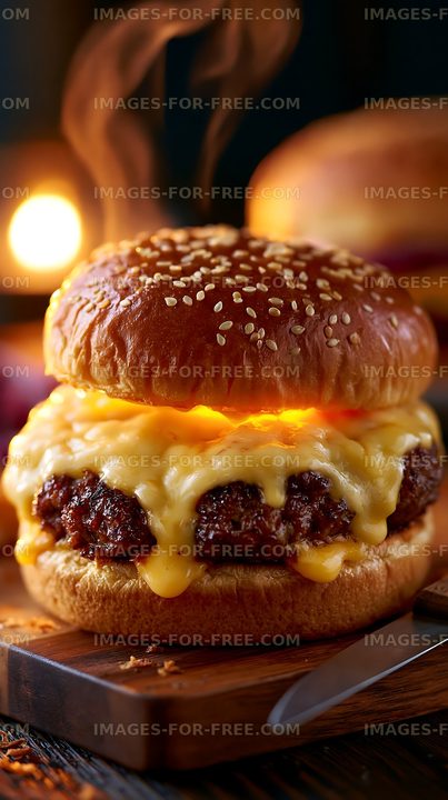 Melted cheese burger on a wooden board with soft lighting