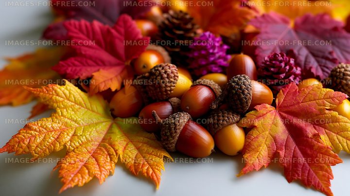 Autumn leaves and acorns on a table arrangement