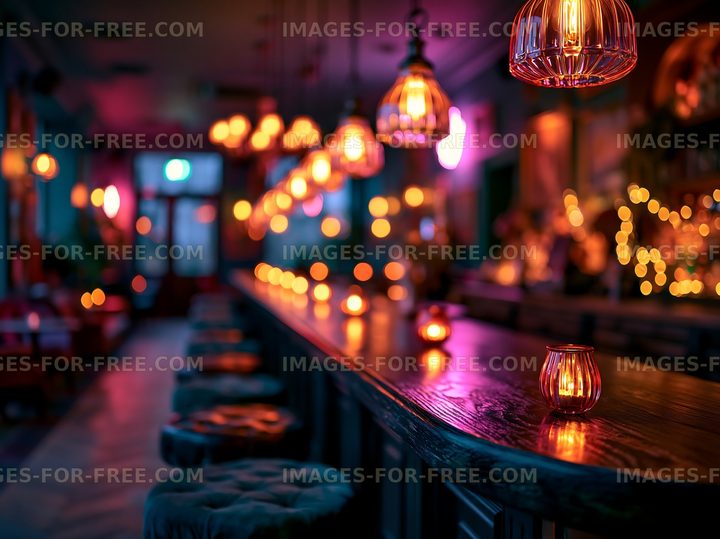 Bar interior with glowing lanterns and warm lighting at night