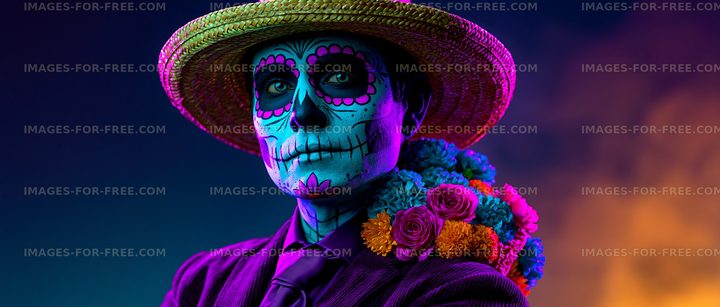 Colorful skeleton figure with flowers and hat at nighttime