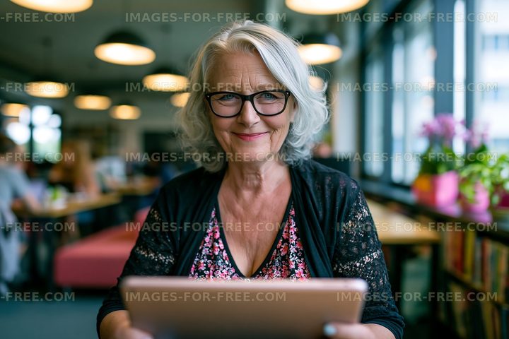 Smiling older woman using a tablet in a cafe