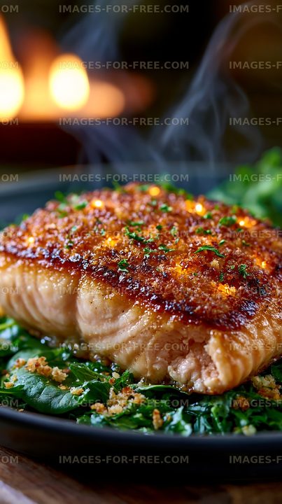Salmon fillet served on a bed of greens with steam rising