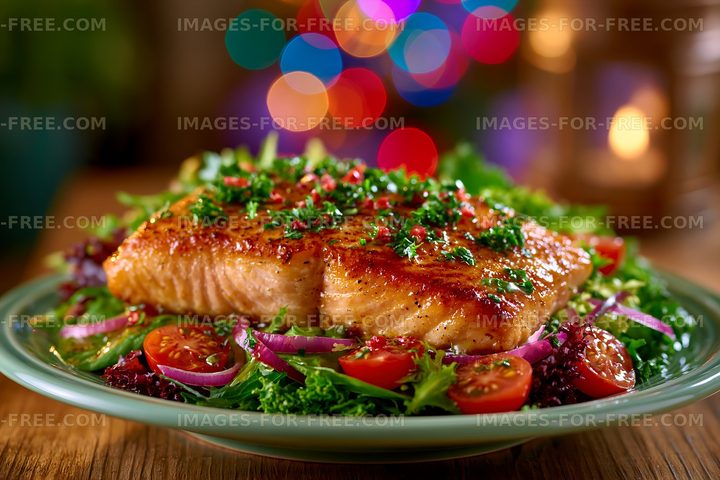 Grilled salmon on salad with colorful lights in background