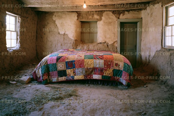 Old room with a bed covered in a patchwork quilt