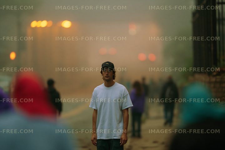 Man standing on a street surrounded by fog and people