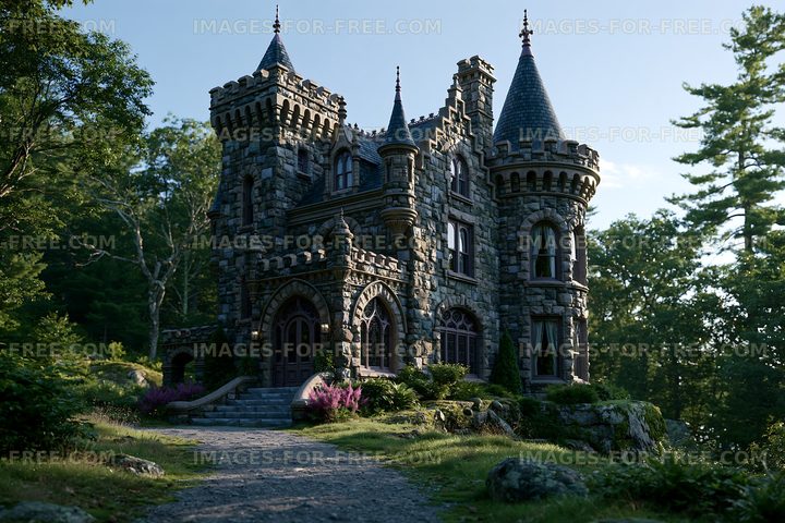 Historic stone castle with towers in wooded area