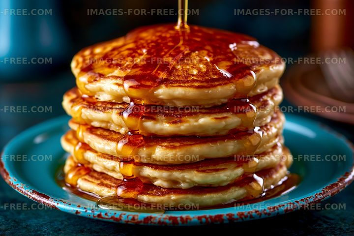 Fluffy pancakes stacked on a plate with syrup pouring down