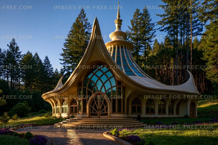 Unique architectural building in a forest setting