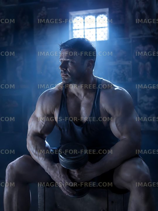 Strong man resting after workout in gym setting