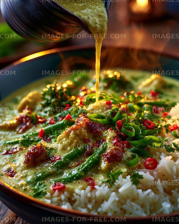Delicious curry dish served with rice and fresh herbs