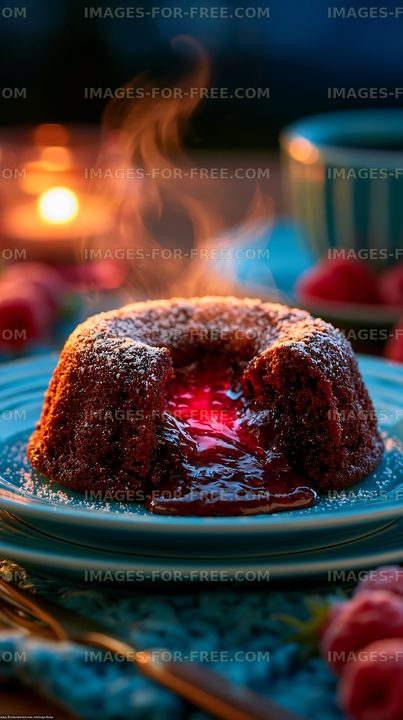 Warm dessert with chocolate sauce and raspberries on a plate