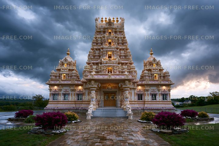 Hindu temple with intricate architecture under cloudy sky