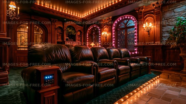 Luxury home theater with leather seating and ambient lighting