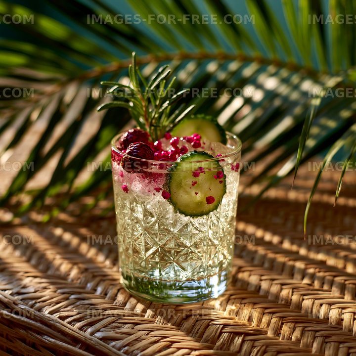 Fresh cocktail with cucumber and berries on a woven surface