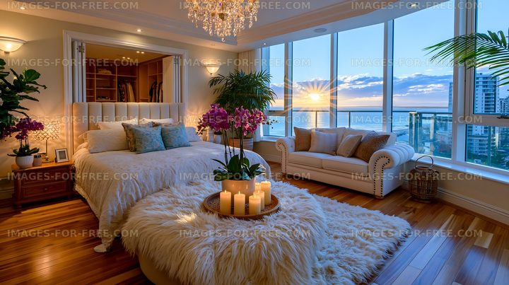 Modern bedroom with sunset view in high-rise apartment
