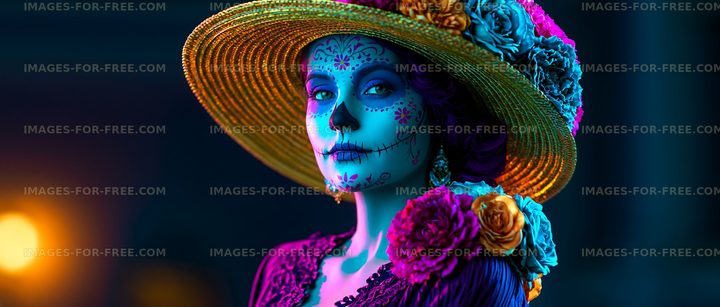 Woman with colorful flowers and skull makeup