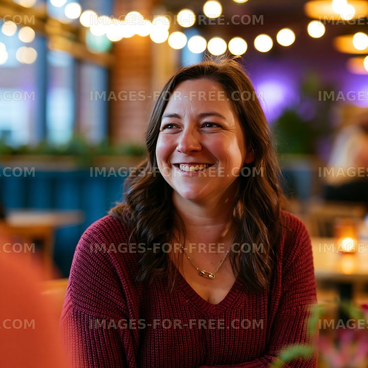 Woman smiles while sitting in a restaurant with warm lighting
