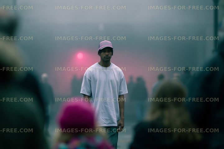 Man standing in a crowd with fog and a pink light in the background